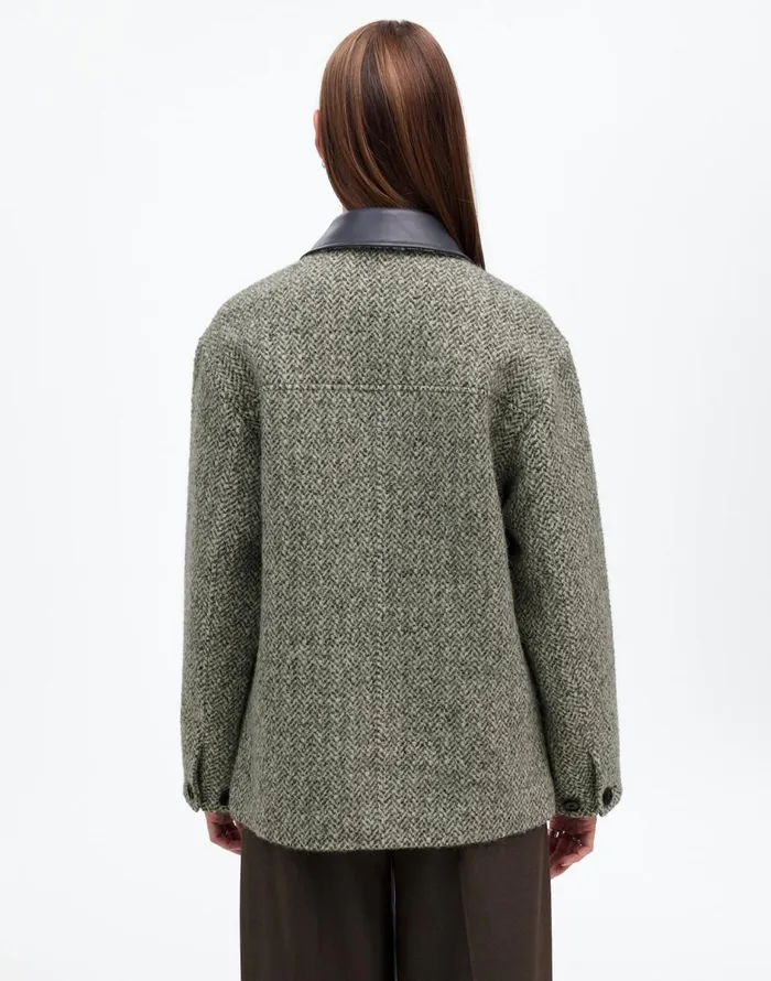 Madewell Leather Collar FlapPocket Field Jacket Grey Textured Tweed Women Coats Jackets