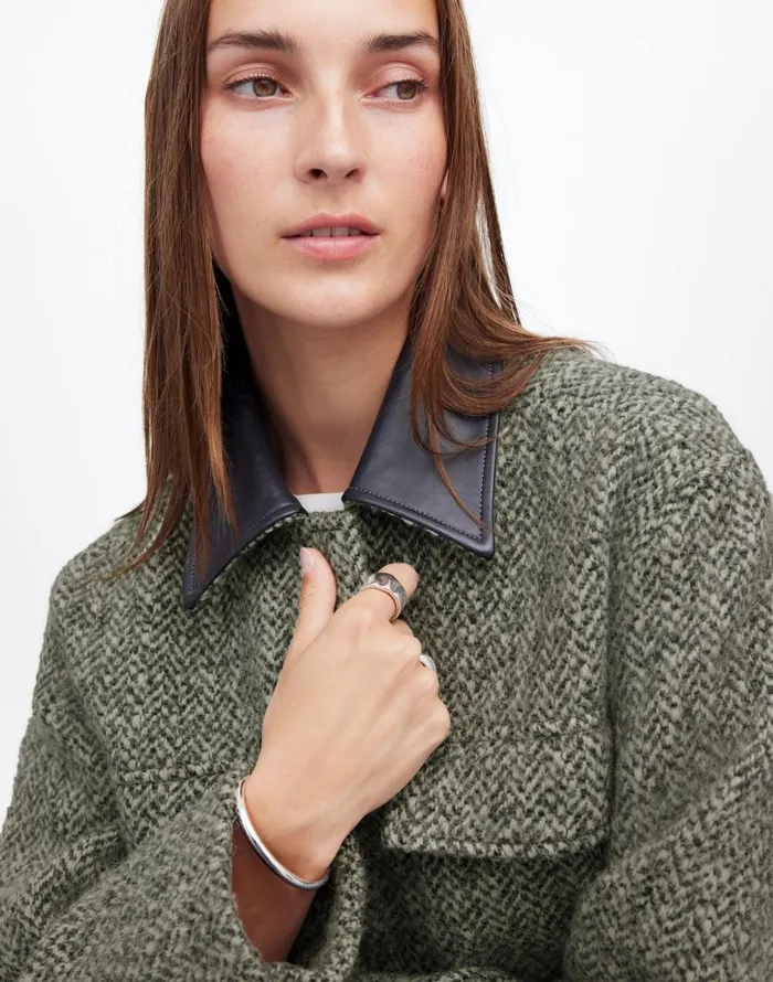 Madewell Leather Collar FlapPocket Field Jacket Grey Textured Tweed Women Coats Jackets