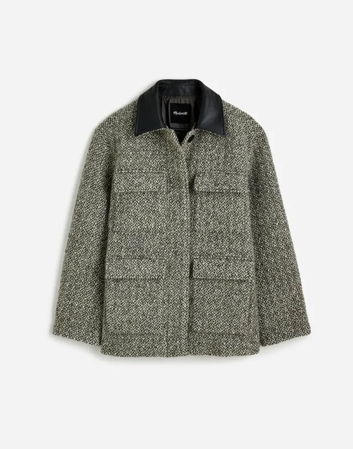 Madewell Leather Collar FlapPocket Field Jacket Grey Textured Tweed Women Coats Jackets