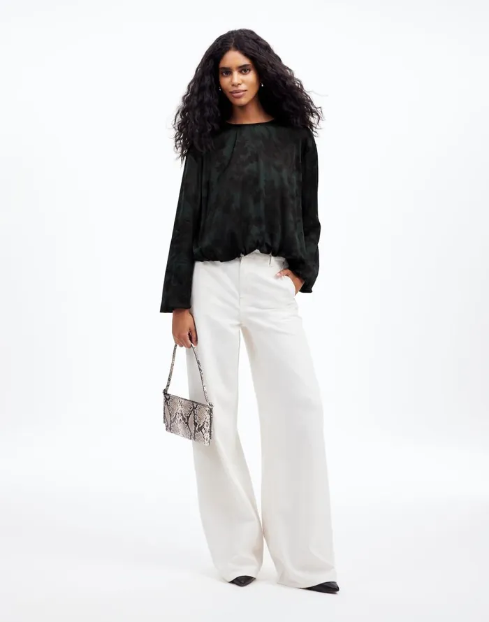Madewell LongSleeve BubbleHem Top In Satin Luxury Forest Women Tops and Shirts