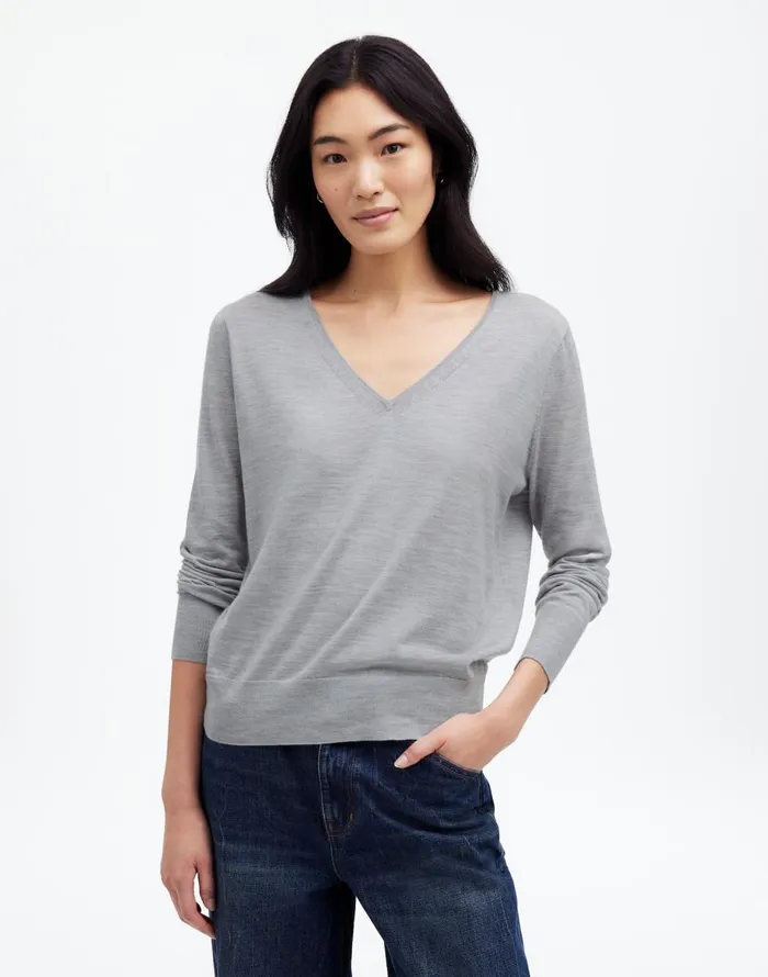 Madewell Merino WoolSilk Blend VNeck Sweater Hthr Pale Silver Grey Women Sweaters