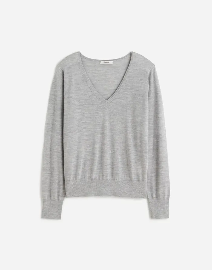 Madewell Merino WoolSilk Blend VNeck Sweater Hthr Pale Silver Grey Women Sweaters