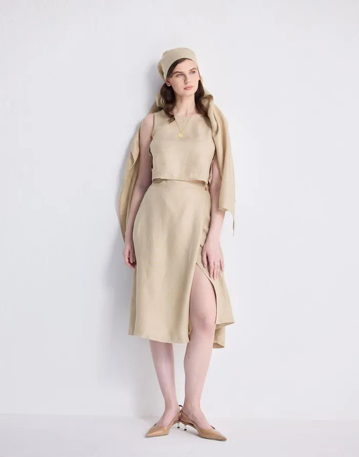 Madewell Reistor Overlap Midi Skirt In 100 Neutral Beige Hemp Beige Women Skirts