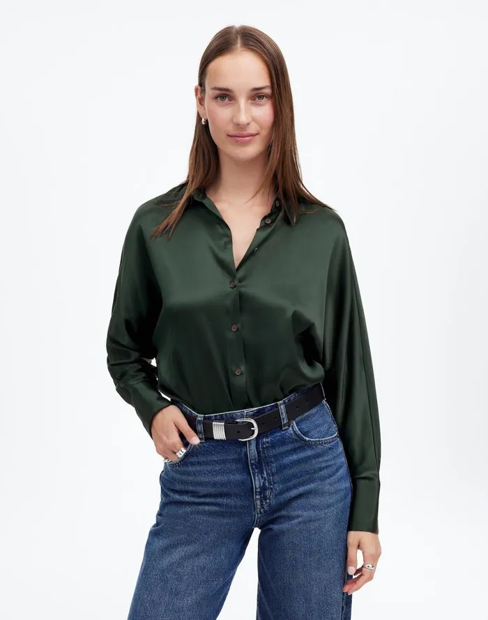 Madewell Relaxed Dolman ButtonUp Shirt In Satin Luxury Forest Women Matching Sets