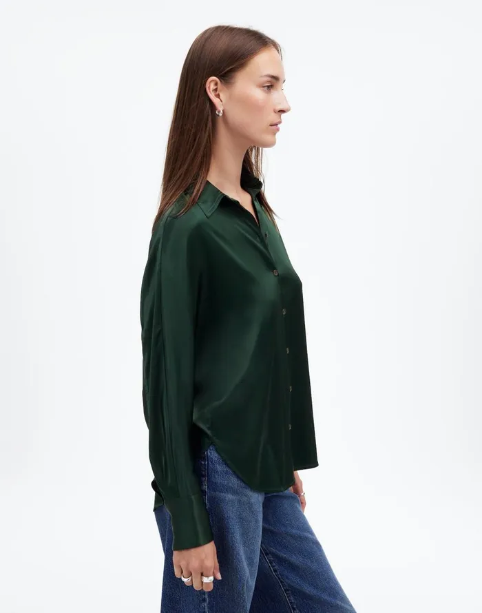 Madewell Relaxed Dolman ButtonUp Shirt In Satin Luxury Forest Women Matching Sets