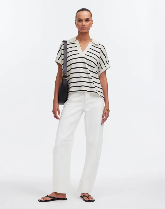 Madewell Relaxed VNeck Polo Shirt In Stripe Bright Ivory Women Tees
