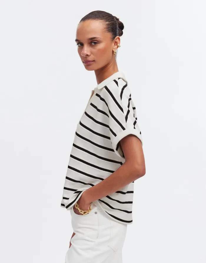 Madewell Relaxed VNeck Polo Shirt In Stripe Bright Ivory Women Tees