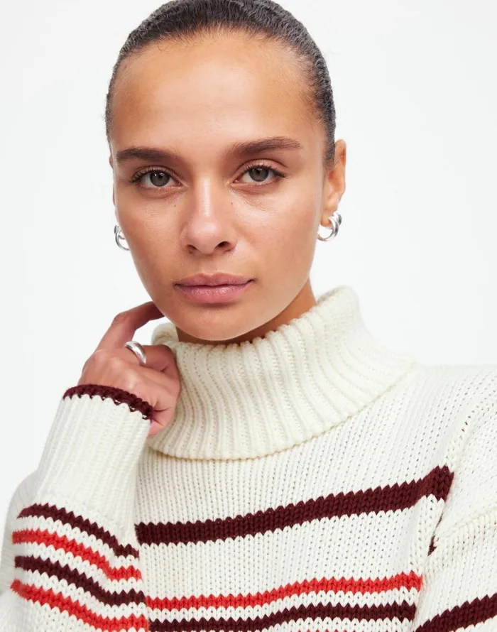 Madewell Ribbed Cotton Turtleneck Sweater In Stripe Cabernet Stripe Women Sweaters Madewell Ribbed Cotton Turtleneck Sweater In Stripe Cabernet Stripe Women Sweaters