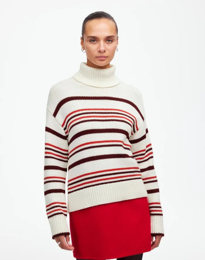 Madewell Ribbed Cotton Turtleneck Sweater In Stripe Cabernet Stripe Women Sweaters