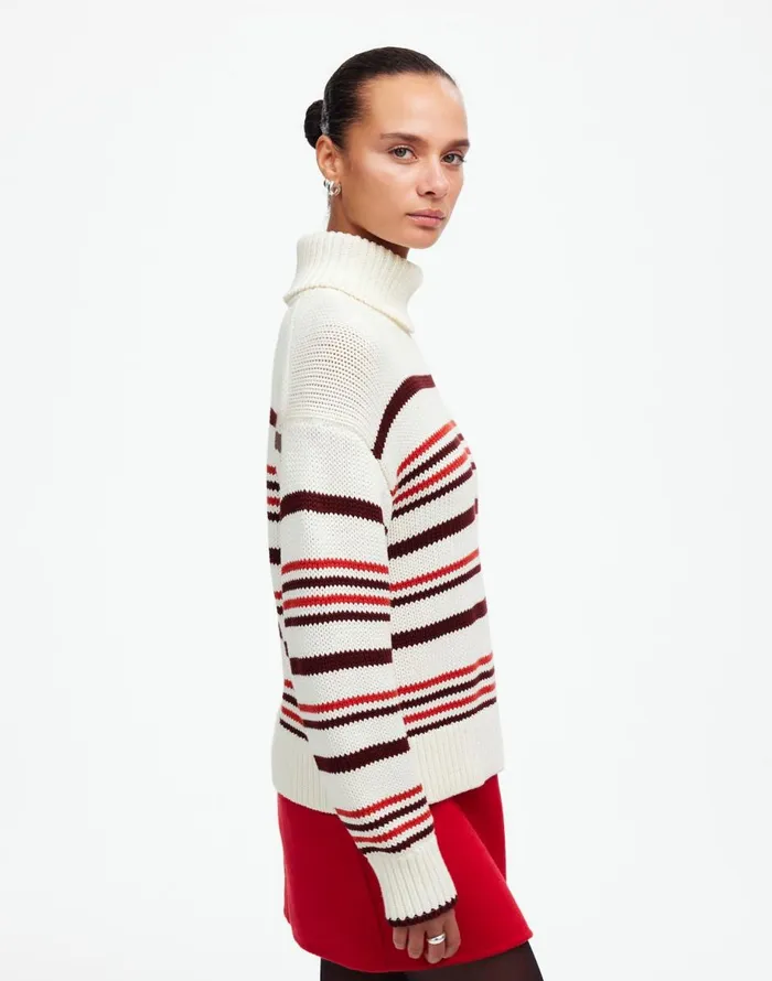 Madewell Ribbed Cotton Turtleneck Sweater In Stripe Cabernet Stripe Women Sweaters