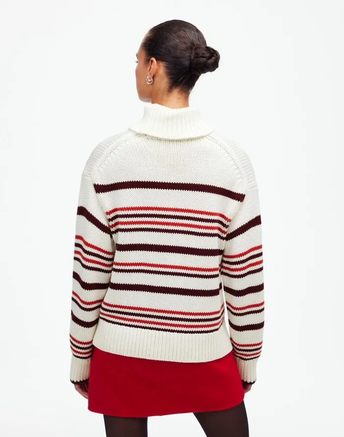Madewell Ribbed Cotton Turtleneck Sweater In Stripe Cabernet Stripe Women Sweaters