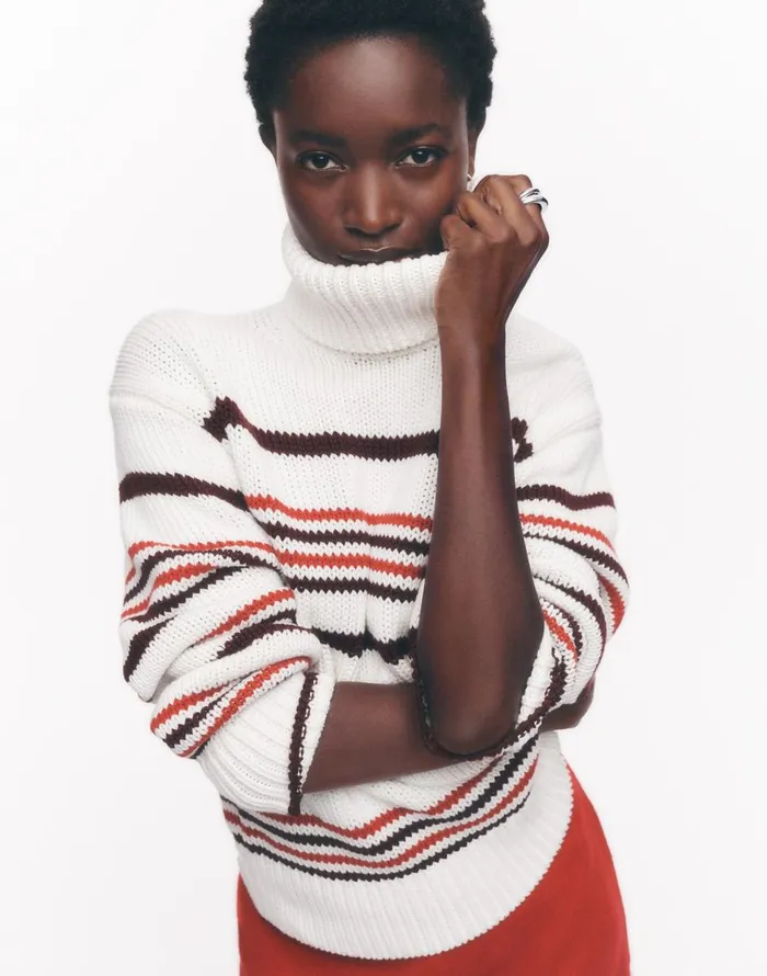Madewell Ribbed Cotton Turtleneck Sweater In Stripe Cabernet Stripe Women Sweaters