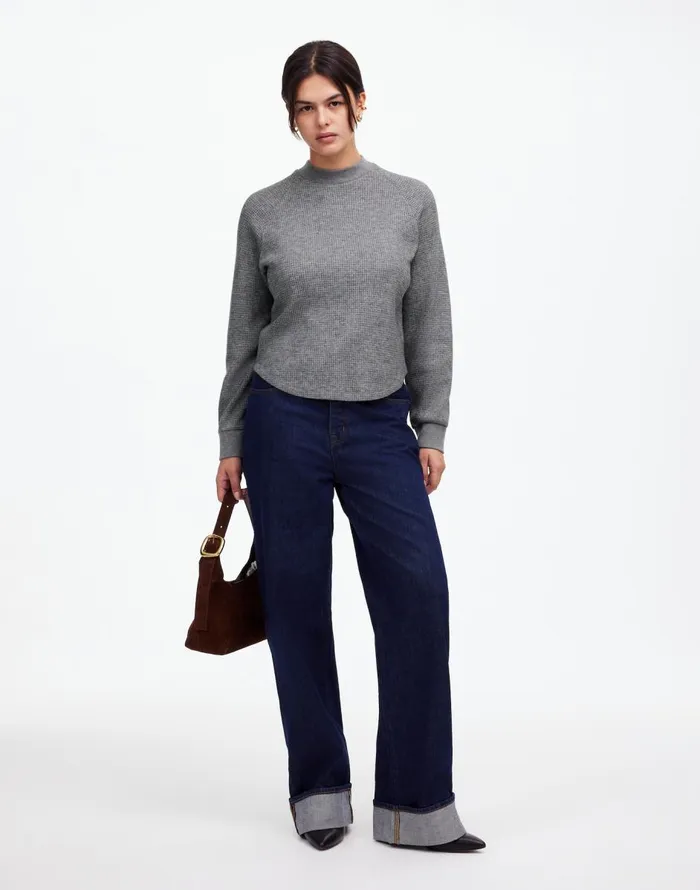 Madewell WaffleKnit LongSleeve Crewneck Tee Hthr Charcoal Women Sweaters