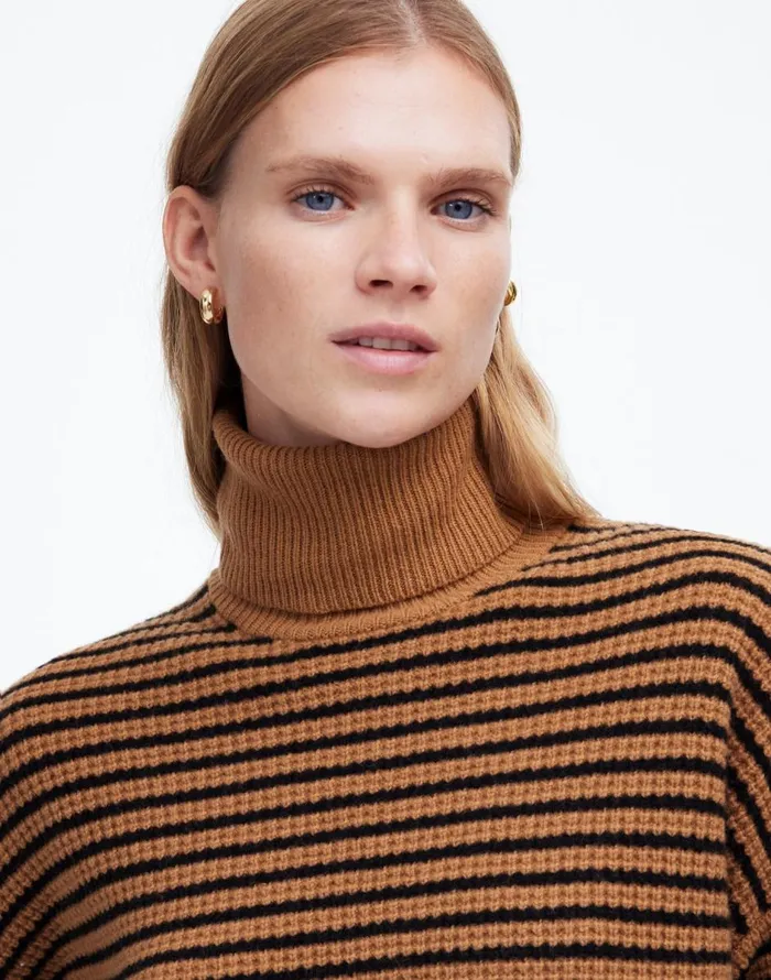 Madewell Wool WaffleKnit Turtleneck In Stripe Hthr Caramel Stripe Women Sweaters Madewell Wool WaffleKnit Turtleneck In Stripe Hthr Caramel Stripe Women Sweaters
