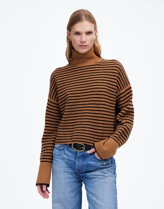 Madewell Wool WaffleKnit Turtleneck In Stripe Hthr Caramel Stripe Women Sweaters