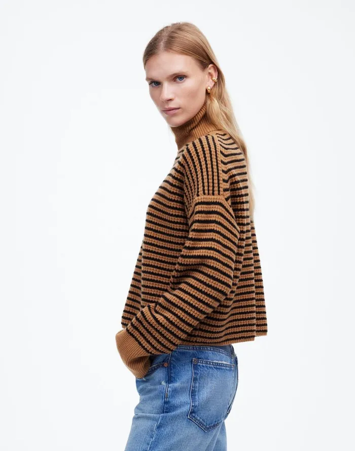 Madewell Wool WaffleKnit Turtleneck In Stripe Hthr Caramel Stripe Women Sweaters