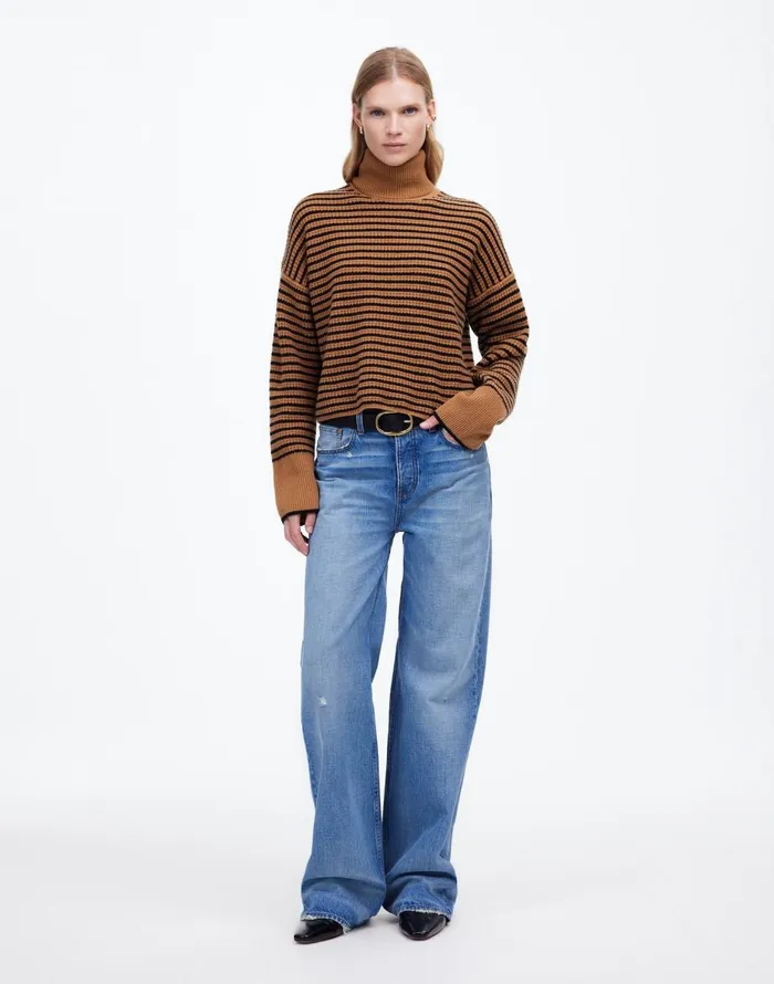 Madewell Wool WaffleKnit Turtleneck In Stripe Hthr Caramel Stripe Women Sweaters