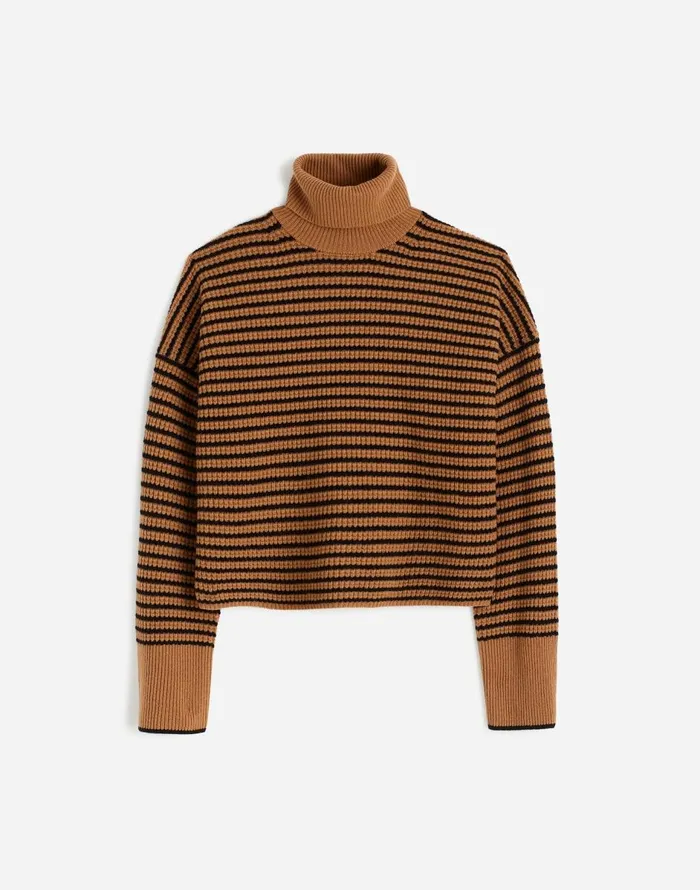 Madewell Wool WaffleKnit Turtleneck In Stripe Hthr Caramel Stripe Women Sweaters