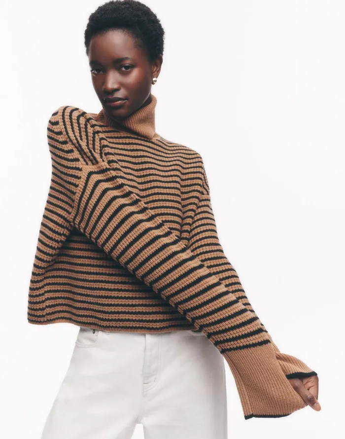 Madewell Wool WaffleKnit Turtleneck In Stripe Hthr Caramel Stripe Women Sweaters