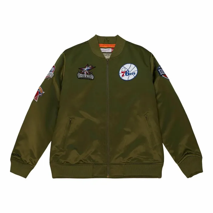 Men039s Jackets and Outerwear Mitchell and Ness Flight Satin Bomber Jacket Philadelphia 76ers
