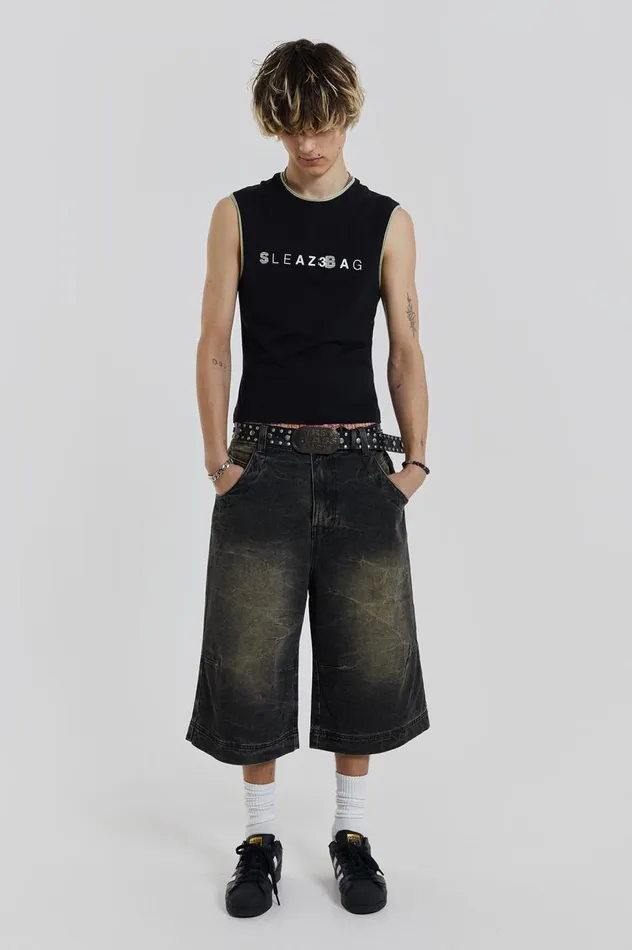 Men Axle Black Crease Wash Denim Jorts Jaded London Shorts and Jorts
