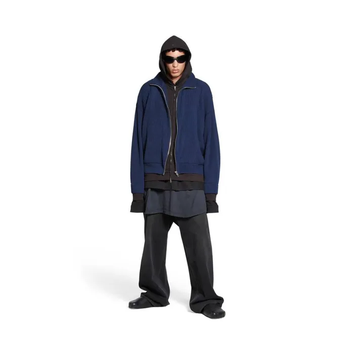 Men Coats and Jackets Balenciaga Unity Sports Icon Layered Zipup Hoodie Oversized In Dark Blue