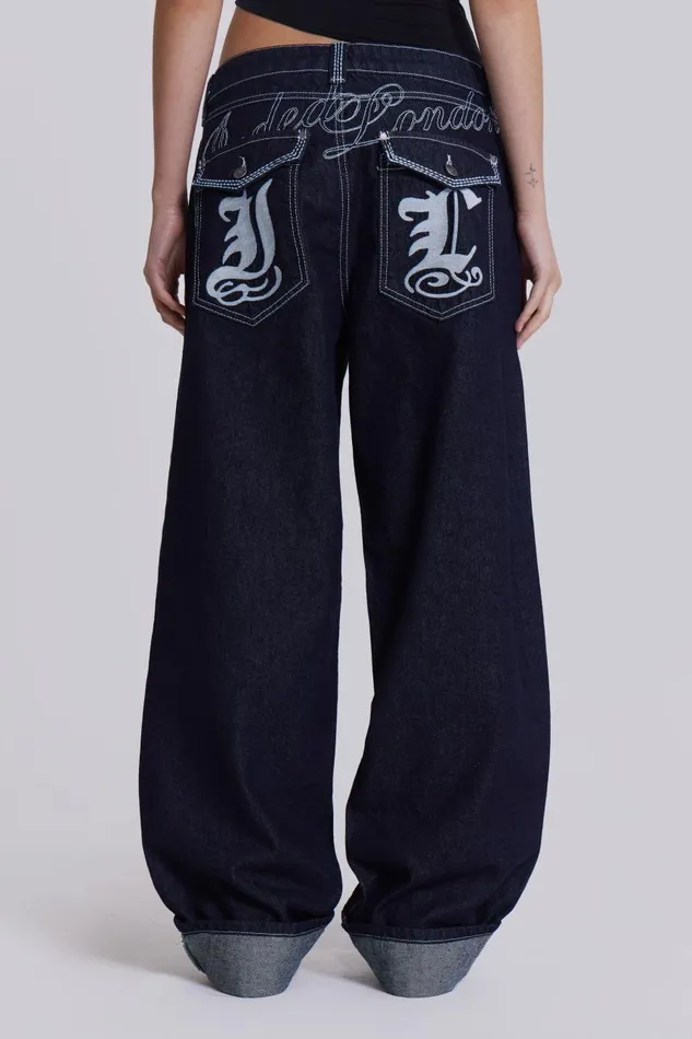 Men Embroidered Loose Fit Turn Up Jeans Jaded London Baggy Jeans