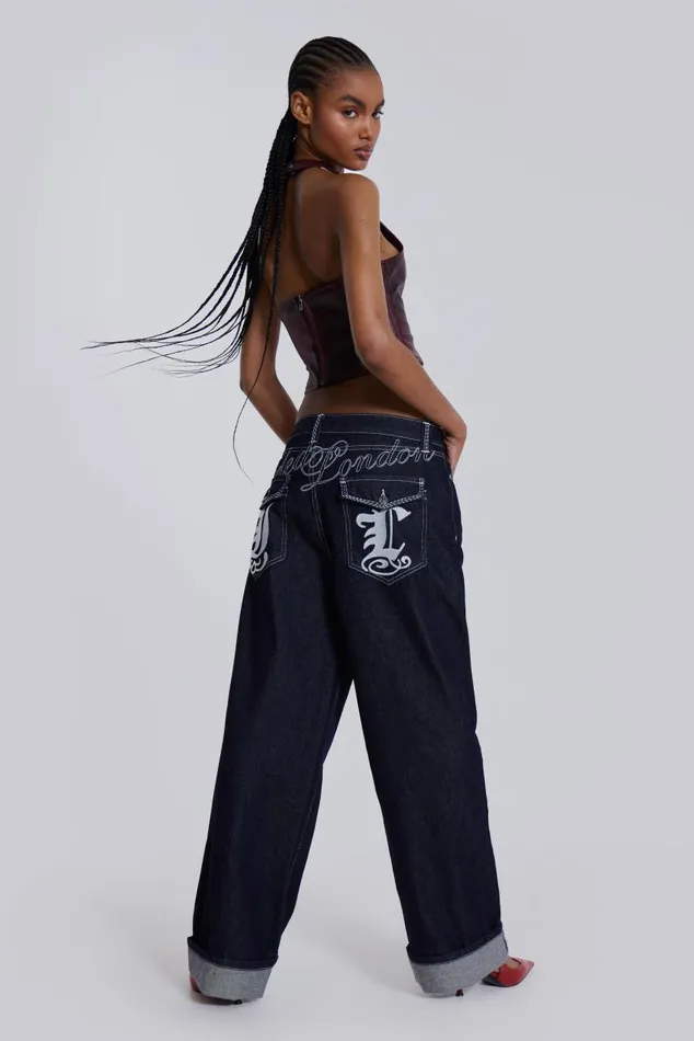 Men Embroidered Loose Fit Turn Up Jeans Jaded London Baggy Jeans