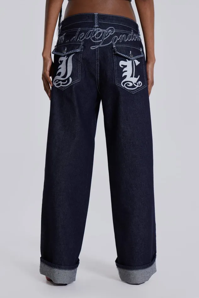 Men Embroidered Loose Fit Turn Up Jeans Jaded London Baggy Jeans