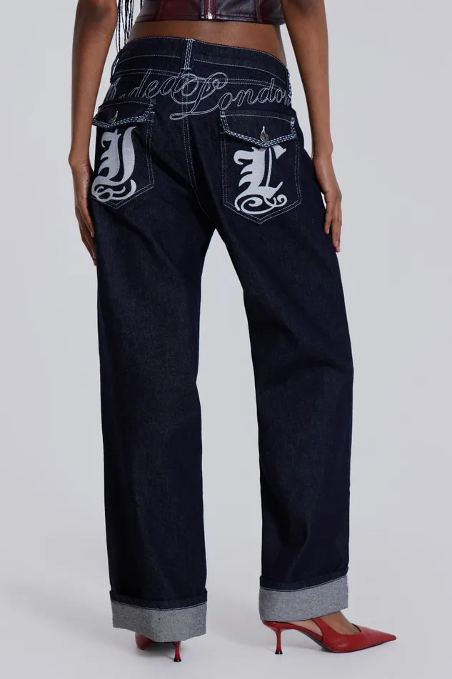 Men Embroidered Loose Fit Turn Up Jeans Jaded London Baggy Jeans