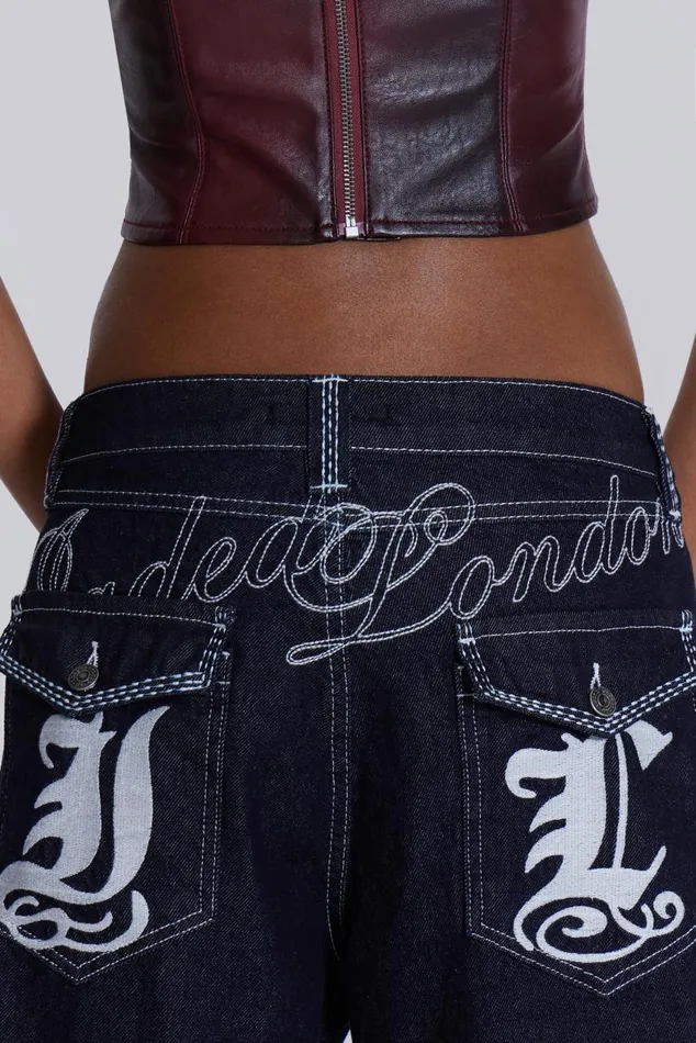 Men Embroidered Loose Fit Turn Up Jeans Jaded London Baggy Jeans