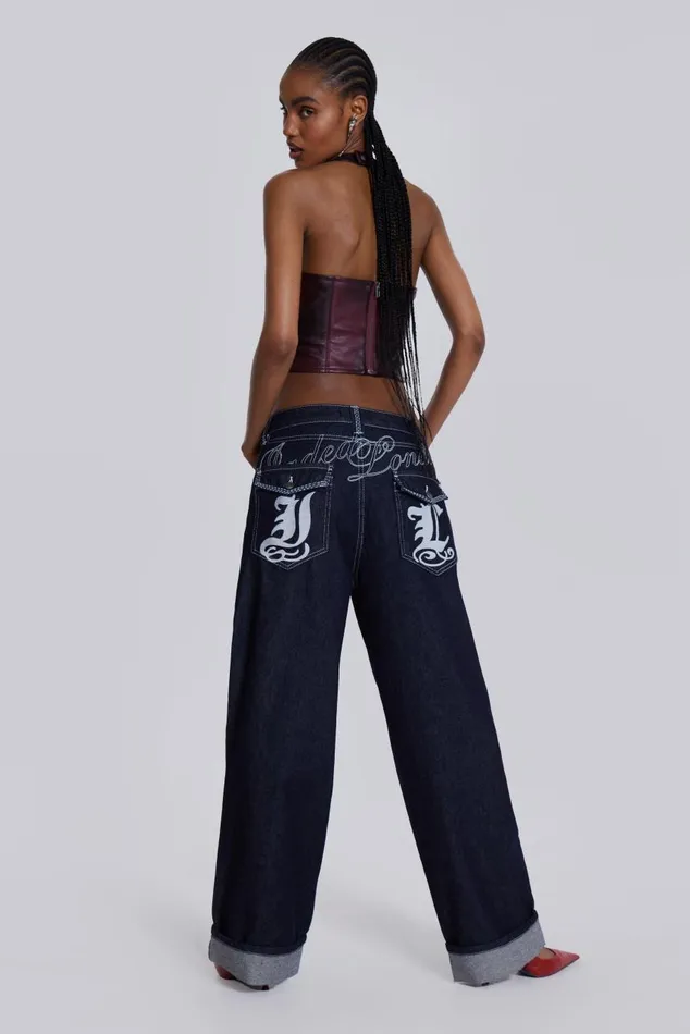 Men Embroidered Loose Fit Turn Up Jeans Jaded London Baggy Jeans