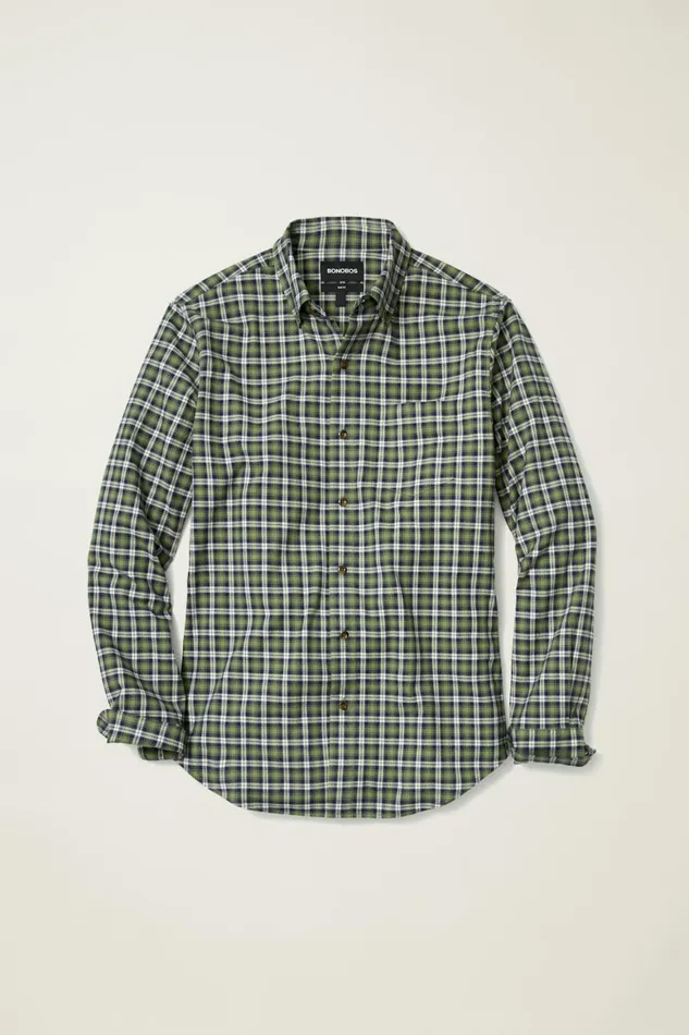 Men Everyday Lightweight Flannel Shirt Forest Green Navy Plaid Bonobos Casual Shirts