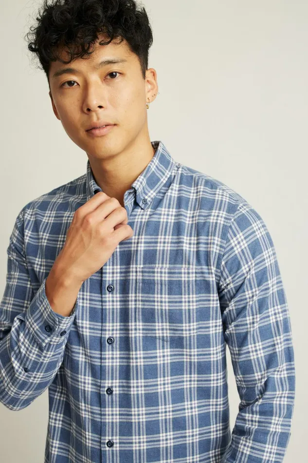 Men Everyday Lightweight Flannel Shirt Navy White Plaid Bonobos Casual Shirts