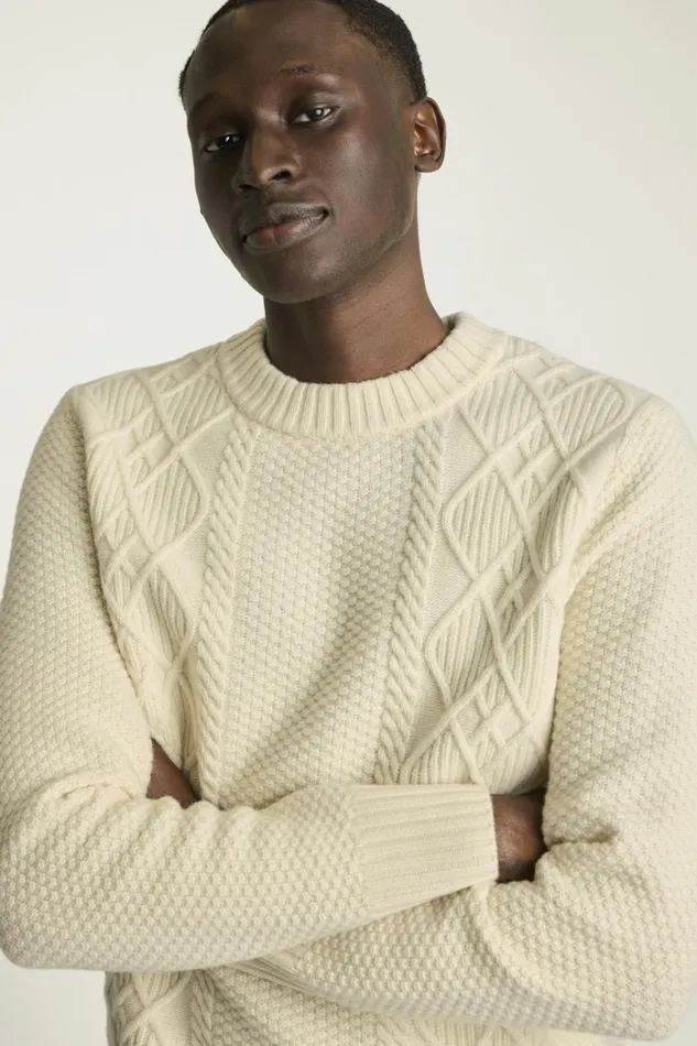 Men Extrafine Merino Cable Sweater Winter White Bonobos Crew and VNeck Sweaters