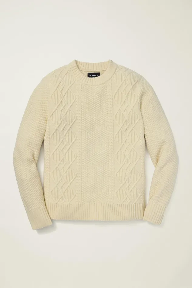 Men Extrafine Merino Cable Sweater Winter White Bonobos Crew and VNeck Sweaters