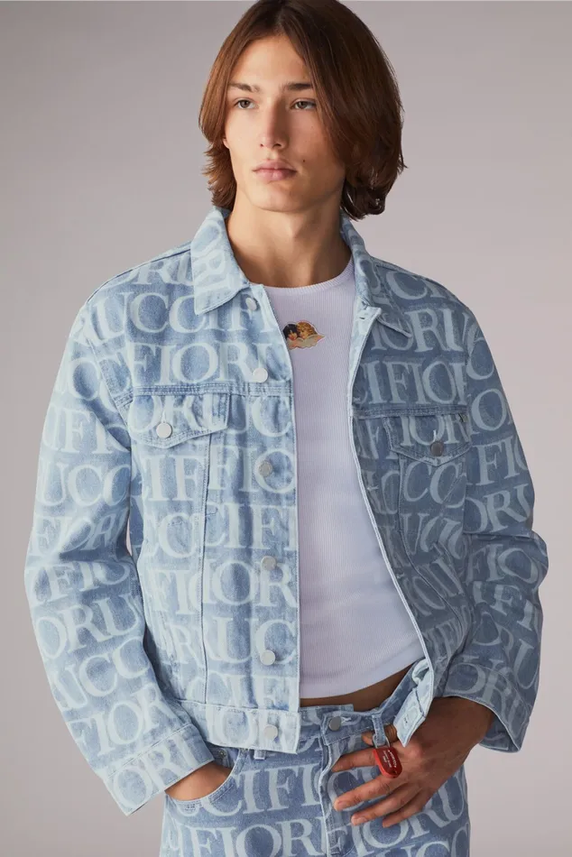 Men Fiorucci Jeans and Denim Laser Monogram Denim Jacket Blue Men Fiorucci Jeans and Denim Laser Monogram Denim Jacket Blue