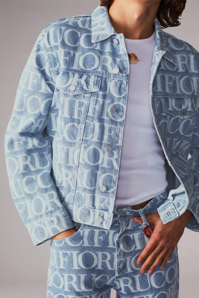 Men Fiorucci Jeans and Denim Laser Monogram Denim Jacket Blue Men Fiorucci Jeans and Denim Laser Monogram Denim Jacket Blue