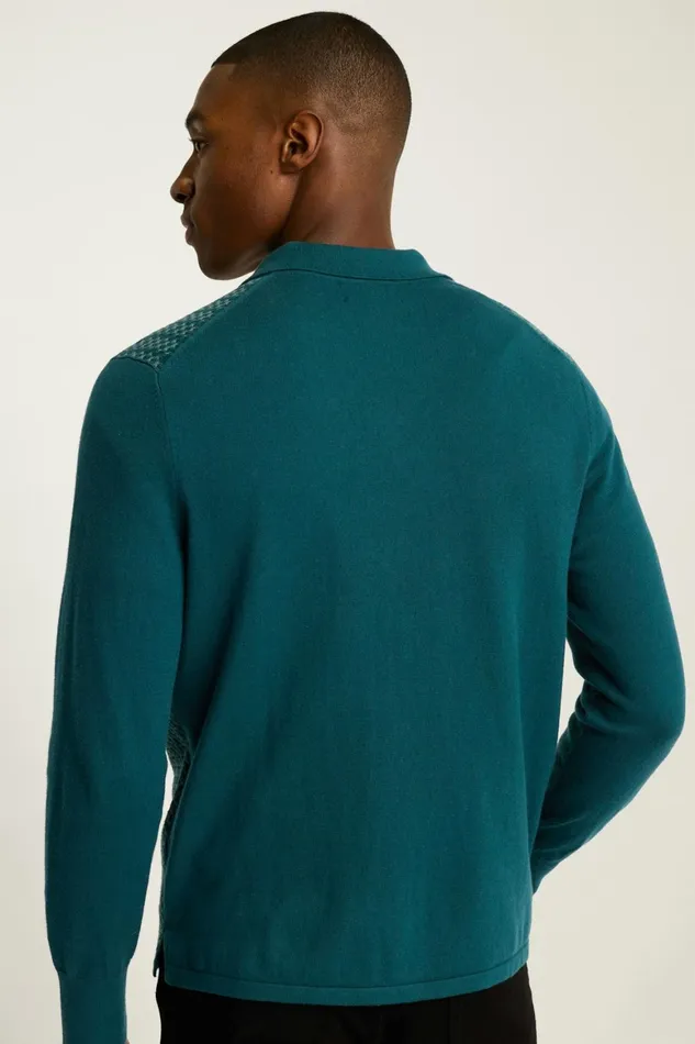 Men Hudson Long Sleeve Sweater Polo Teal Cotton Cashmere Bonobos Sweater Polos