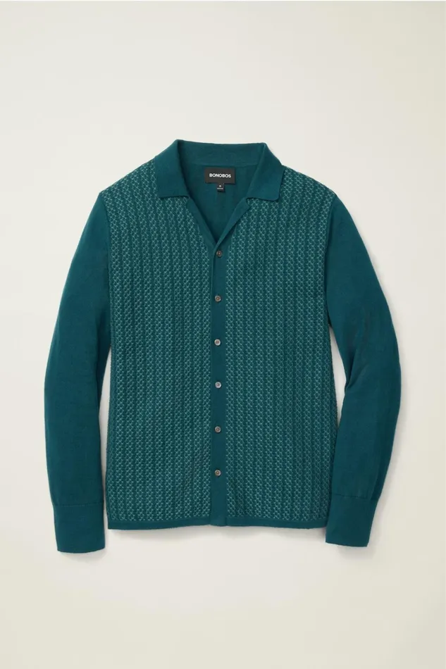 Men Hudson Long Sleeve Sweater Polo Teal Cotton Cashmere Bonobos Sweater Polos
