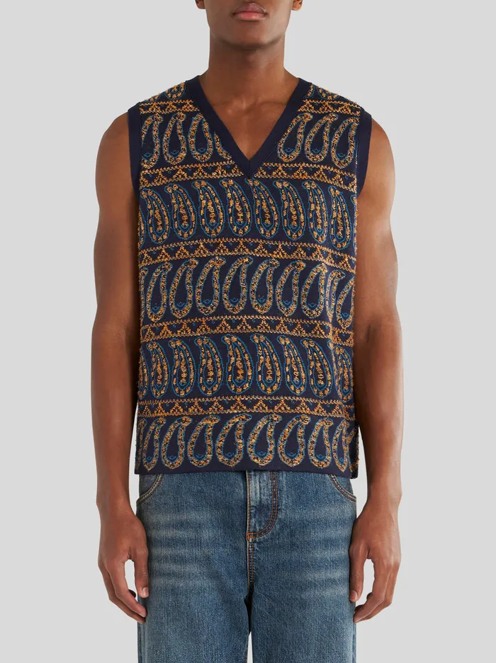 Men Knitted Gilet With Paisley Designs Etro Knitwear