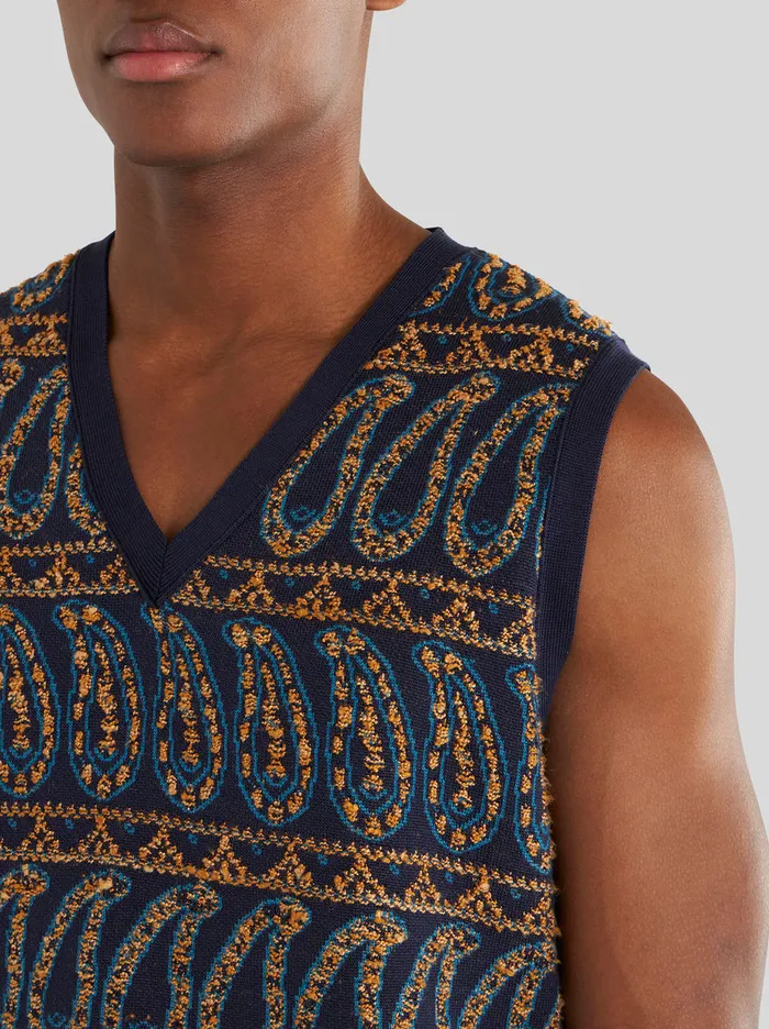 Men Knitted Gilet With Paisley Designs Etro Knitwear