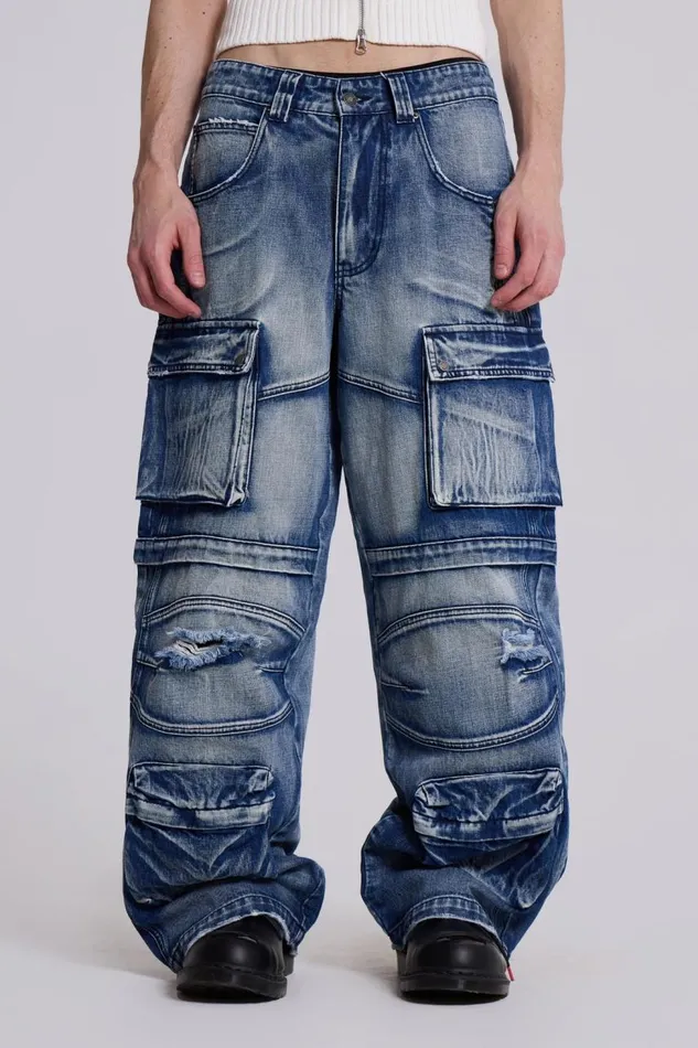 Men Light Wash Apex Denim Cargos Jaded London Baggy Jeans