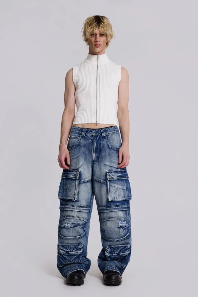 Men Light Wash Apex Denim Cargos Jaded London Baggy Jeans