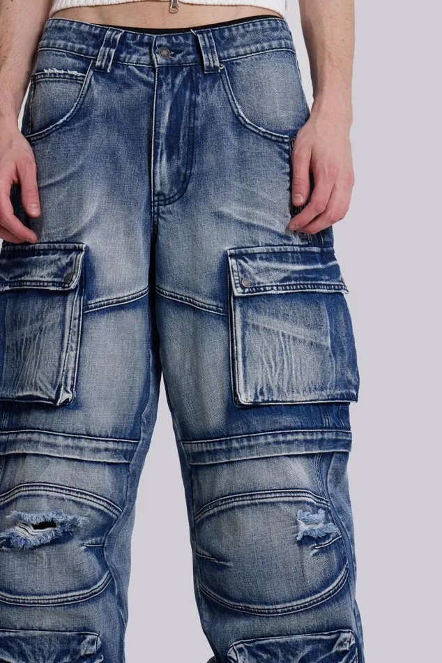 Men Light Wash Apex Denim Cargos Jaded London Baggy Jeans