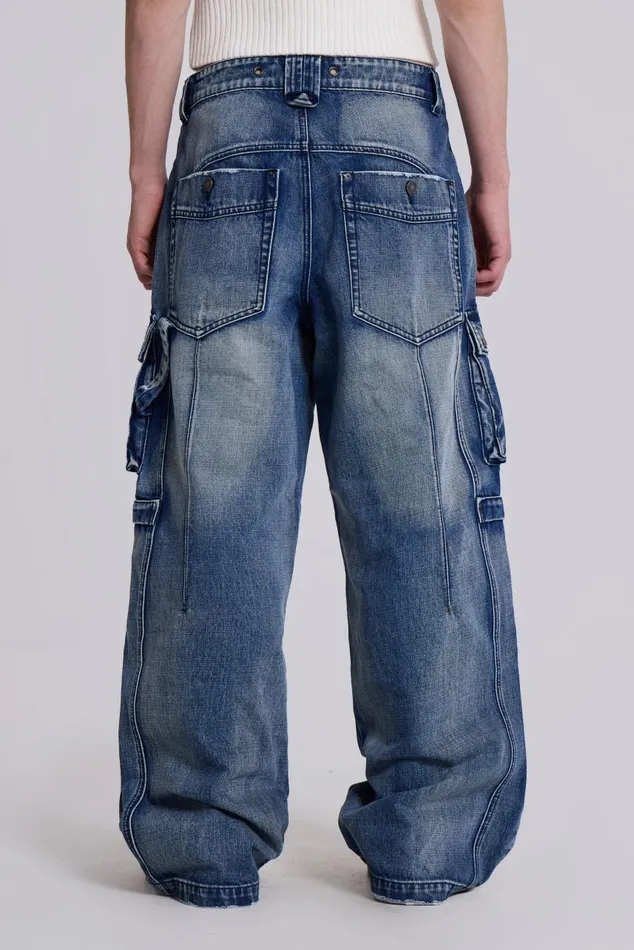 Men Light Wash Apex Denim Cargos Jaded London Baggy Jeans