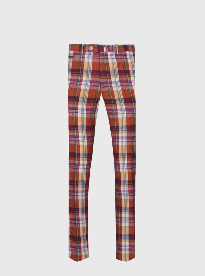 Men Paul Stuart Pants Linen Plaid Plain Front Dress Trouser Crimson
