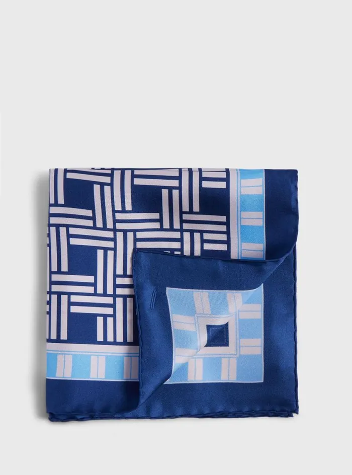 Men Paul Stuart Pocket Squares Deco Print Silk Pocket Square Blue