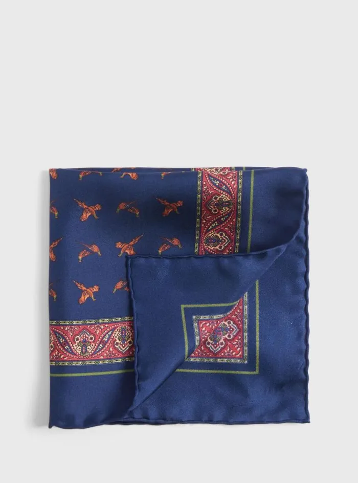Men Paul Stuart Pocket Squares Silk Deco Stripe And Bird Print Pocket Square Navy