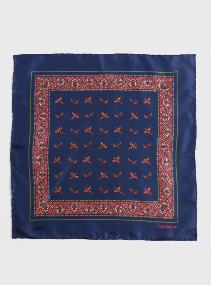 Men Paul Stuart Pocket Squares Silk Deco Stripe And Bird Print Pocket Square Navy